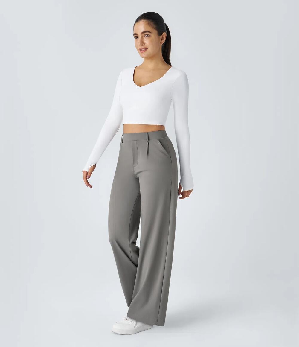 Halara Flex High Waisted Pocket Straight Leg Work Pants Size M Petite MP Gray